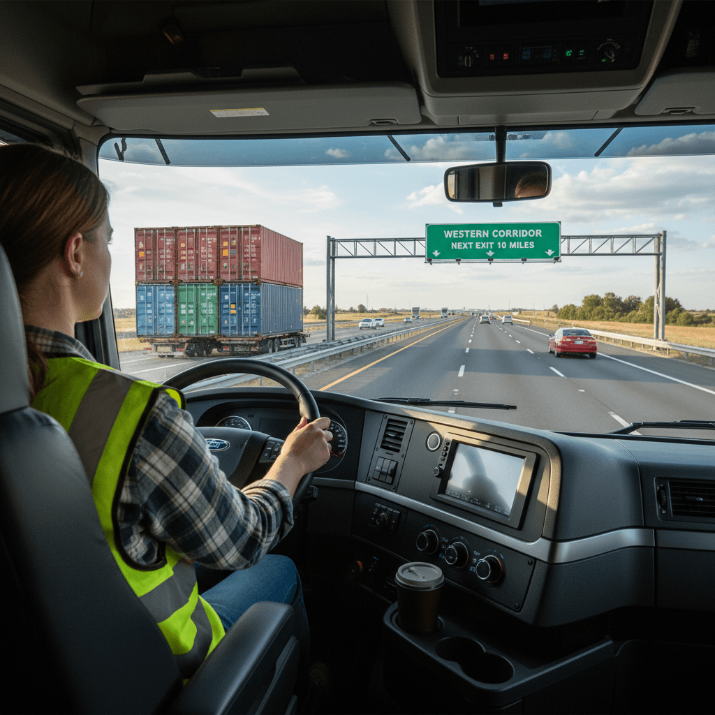 Professional truck loaded with freight containers on highway