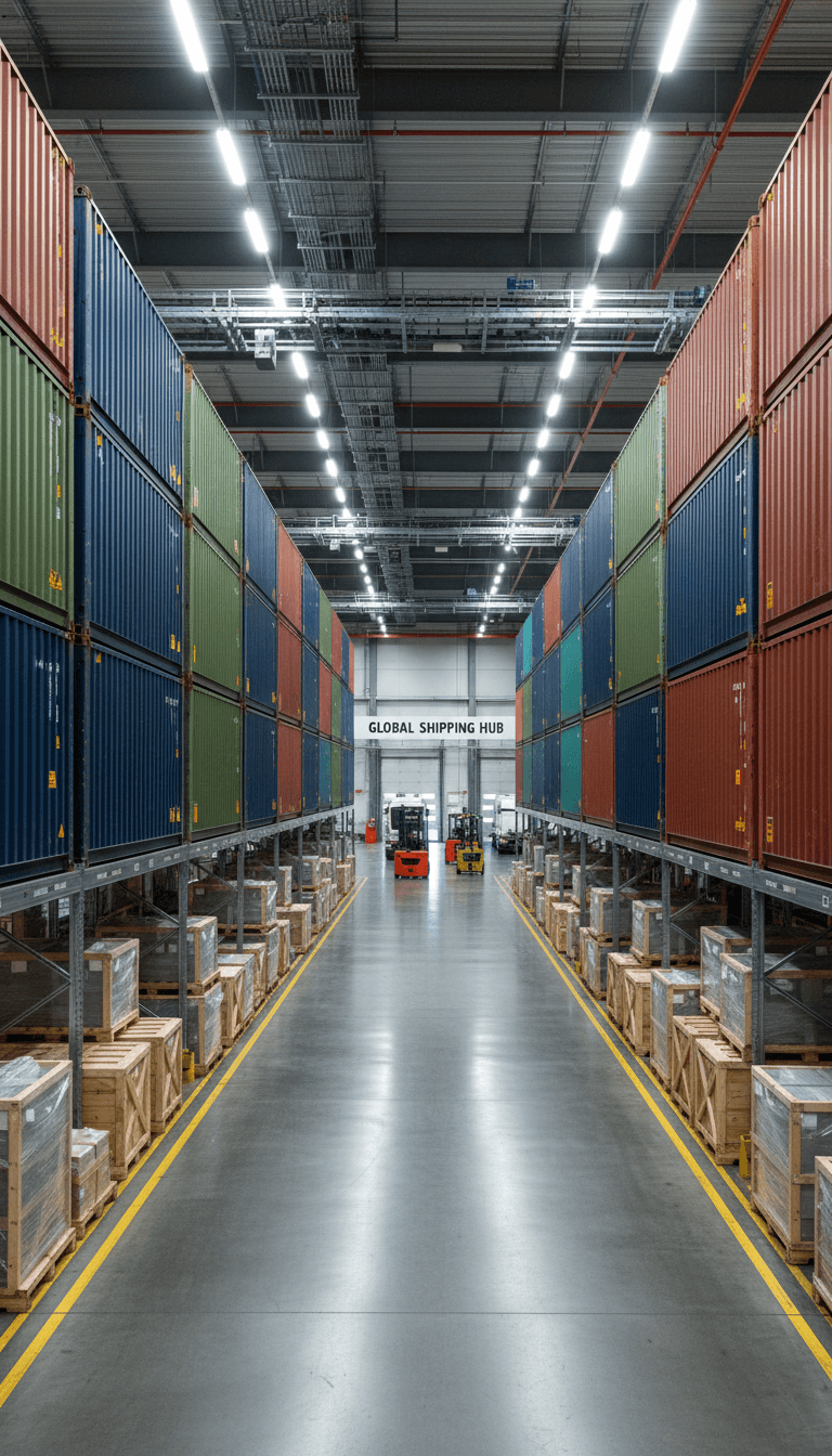 Organized freight and containers in logistics warehouse